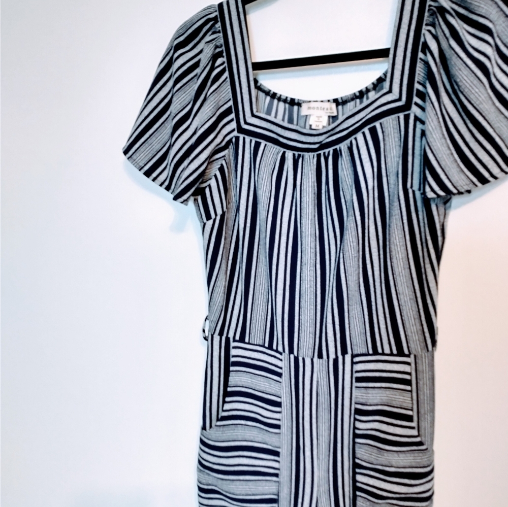 Monteau blue striped jumpsuit with flutter sleeves and square neckline.  Has poc - Picture 2 of 4